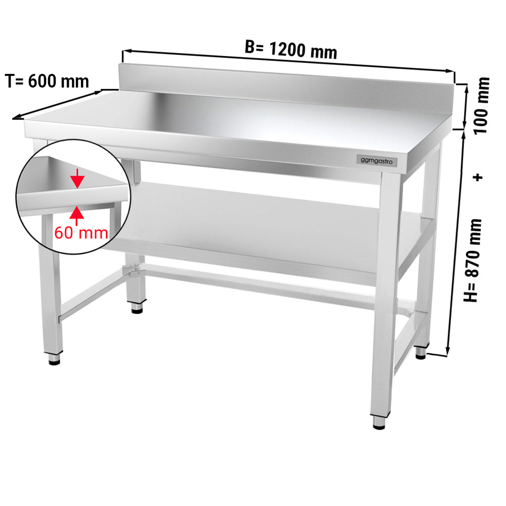 Rustfritt stål arbeidsbord PREMIUM - 1,2 m - med underhylle, oppkant og avstivende