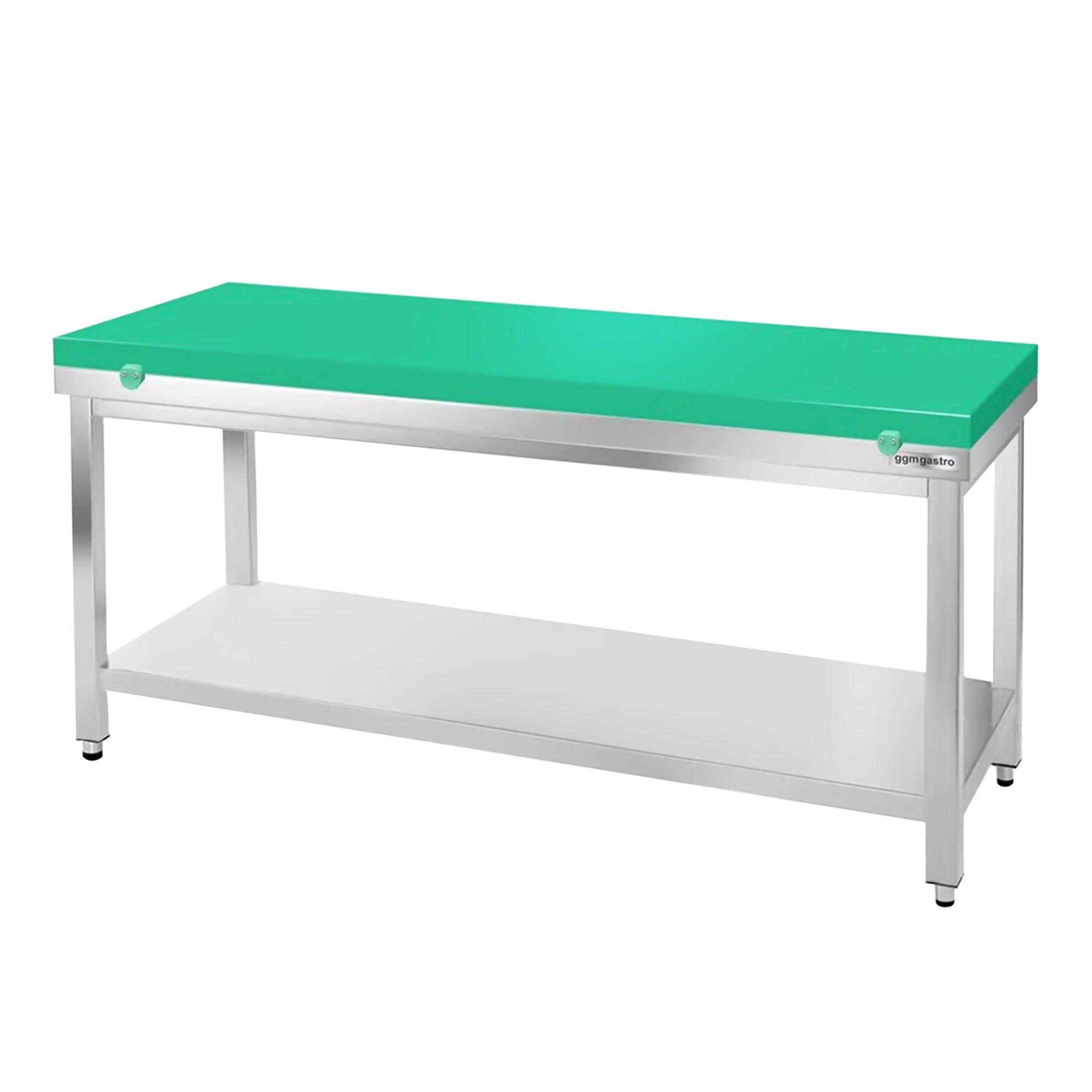 Arbeidsbord i rustfritt stål PREMIUM - 2,0 m - med underhylle - inkl. skjærebrett i grønt