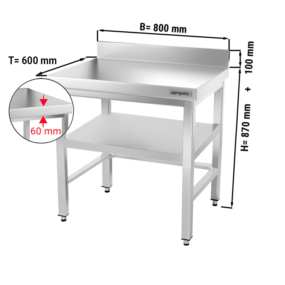 Rustfritt stål arbeidsbord PREMIUM - 0,8 m - med underhylle, avstivende &amp; oppkant