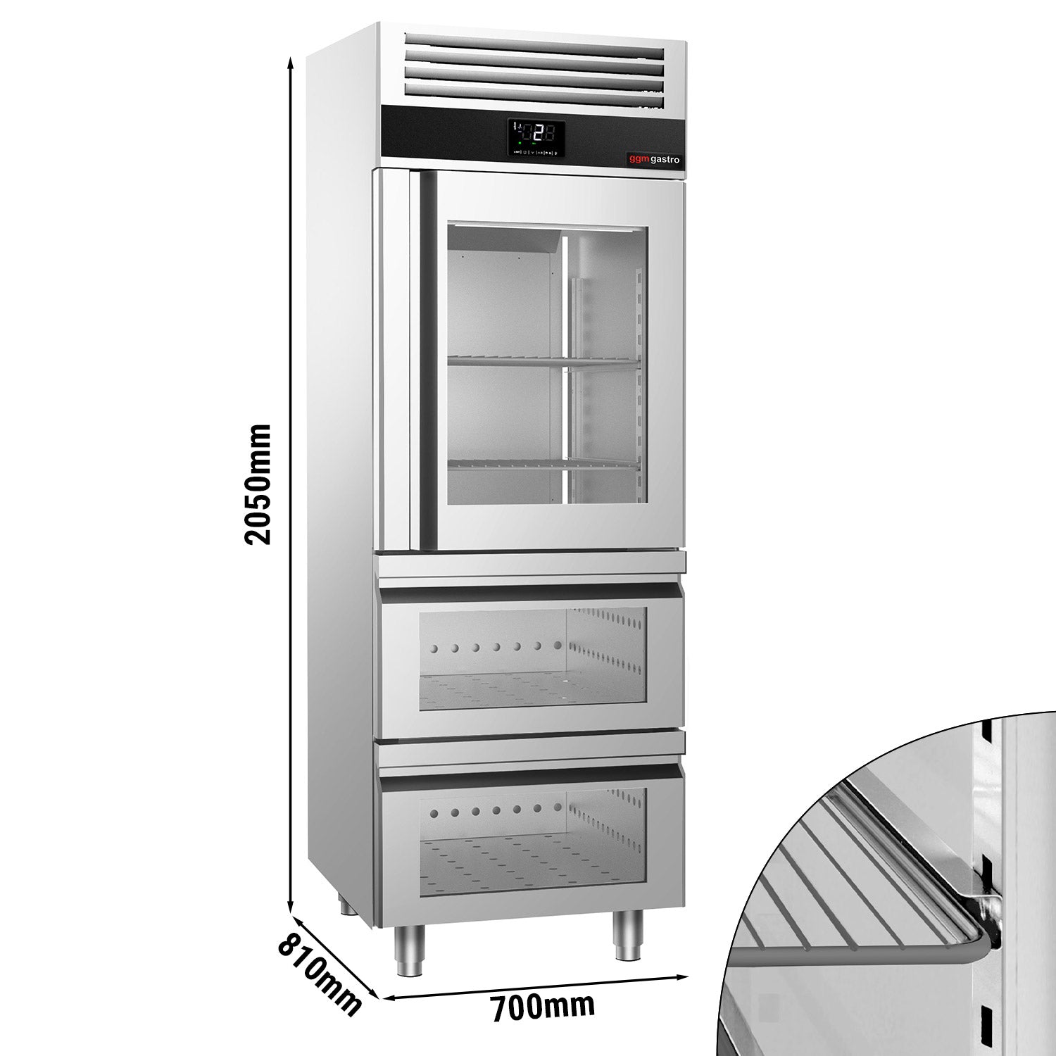 Kjøleskap - 0,7 x 0,81 m - med 1 halvdør i glass og 2 glassskuffer 1/2