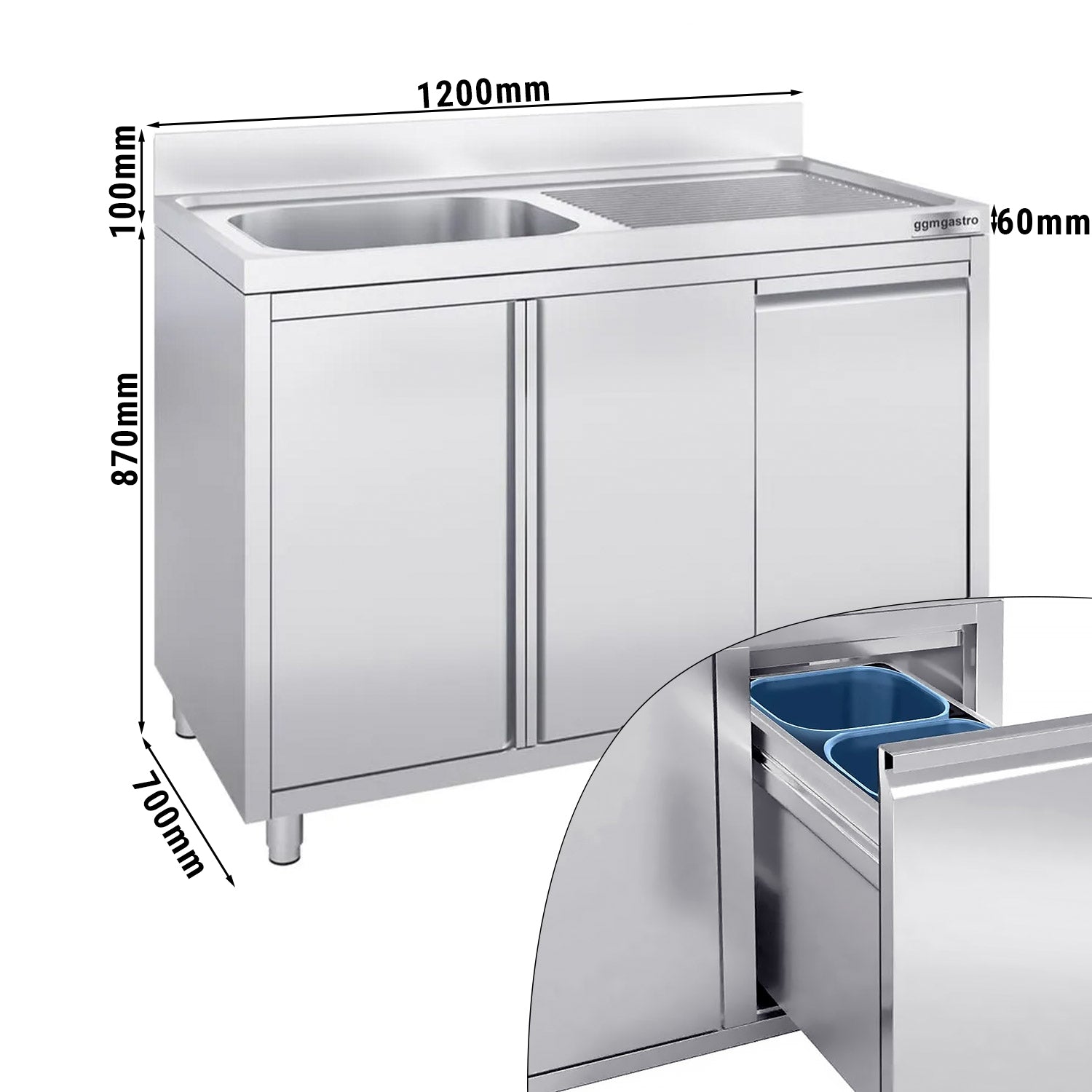 Vaskeskap med søppelbøtte - 1,2m - 1 kum til venstre - med oppkant og doble dører