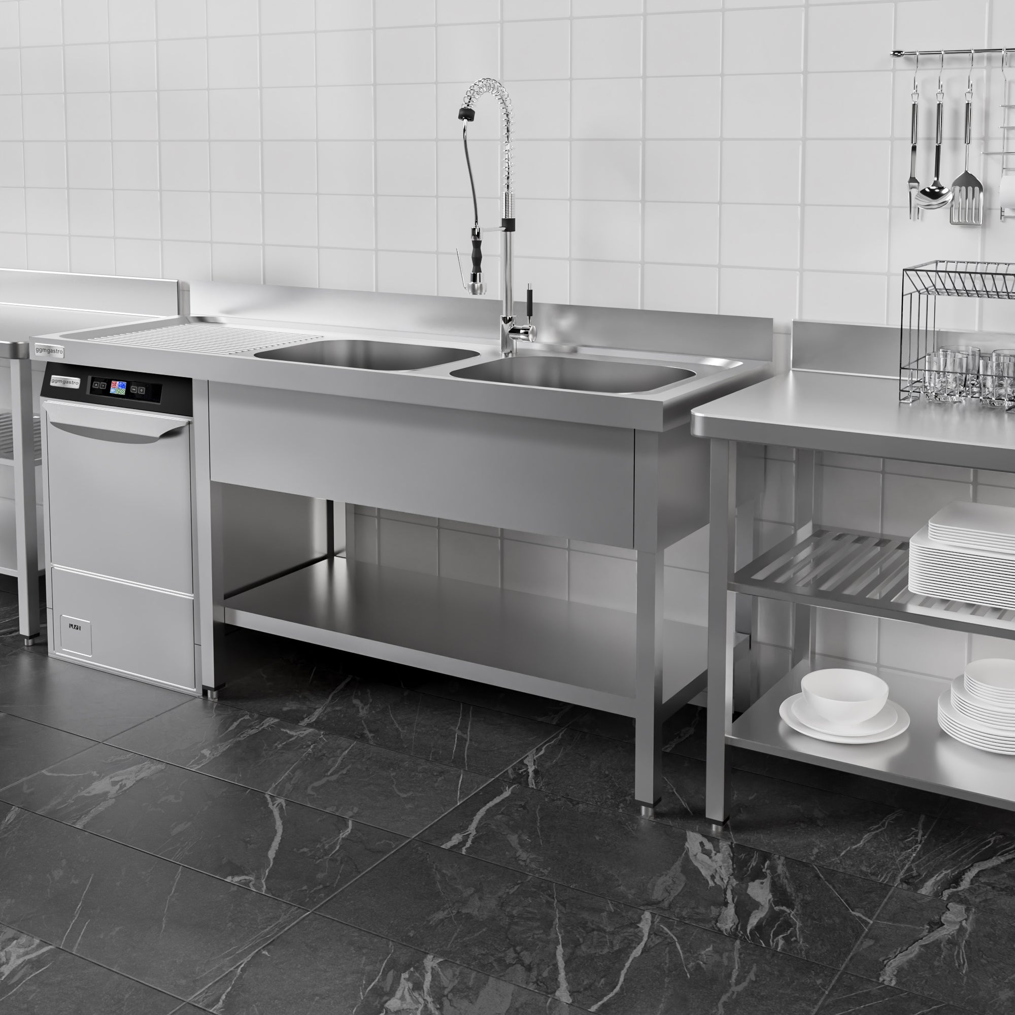 Oppvaskbenk med plass for oppvaskmaskin 1,6m - 2 Kummer til Høyre L 40 x B 40 x D 25 cm