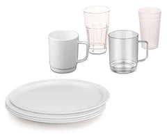 Glass, kopper og tallerkener av polykarbonat