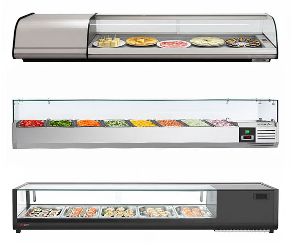 Benkeplate utstillingsvinduer og sushi-utstillingsvinduer