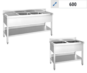 Oppvaskbenk 2 kummer i midten - 600 mm Dybde