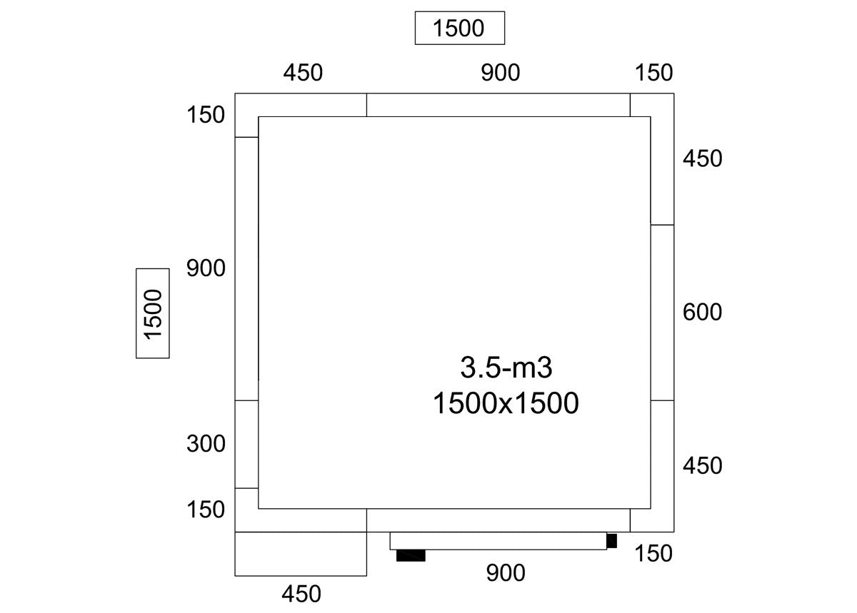Kjølerom i rustfritt stål - 1,5 x 1,5 m - høyde: 2,01 m - 3,5 m³ - inkl. kjøleaggregat