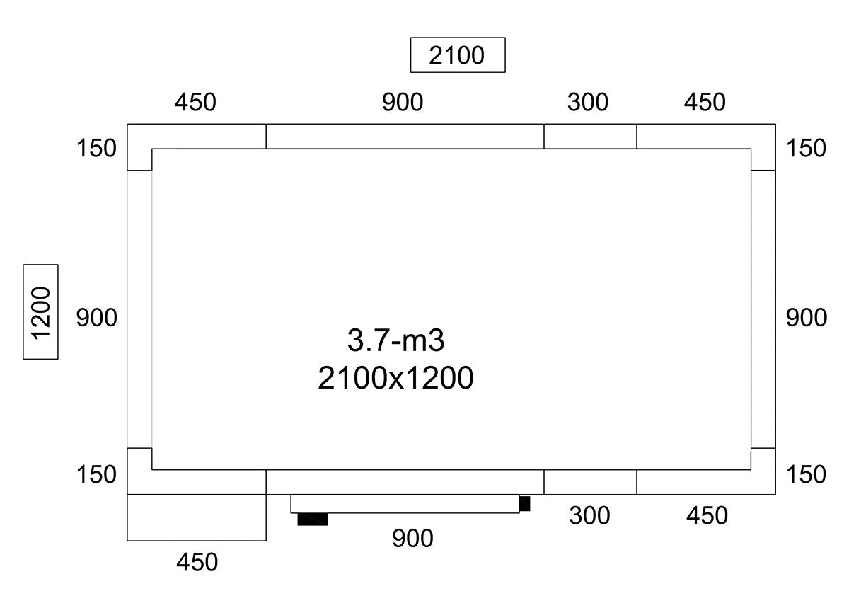 Kjølerom i rustfritt stål - 2,1 x 1,2 m - høyde: 2,01 m - 3,7 m³ - inkl. kjøleaggregat