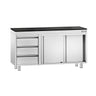 Arbeidsskap i rustfritt stål PREMIUM – 1400 x 700 mm – med 3 skuffer på venstre side – inkl. benkeplate i granitt