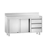 Benkeskap i rustfritt stål PREMIUM - 1400x600 mm - med skyvedører | 3 skuffer høyre side - med oppkant bak