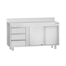 Benkeskap i rustfritt stål ECO - 1400x700 mm - med skyvedører | 3 skuffer venstre side - med oppkant bak