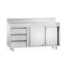 Benkeskap i rustfritt stål PREMIUM - 1400x700 mm - med skyvedører - med oppkant bak - 3 skuffer venstre side