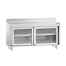 Benkeskap i rustfritt stål PREMIUM - 1600x700 mm - med glasskyvedører - med oppkant bak