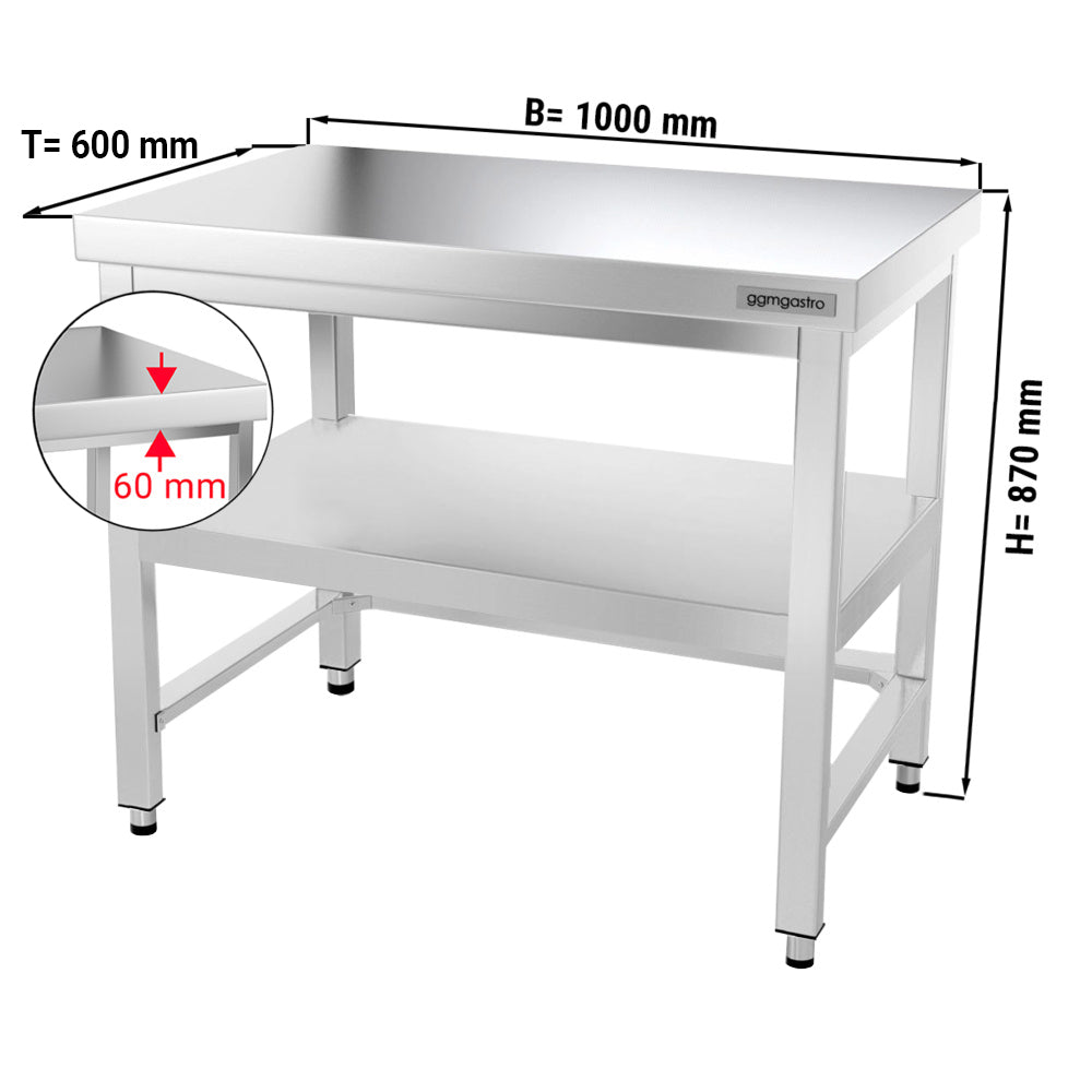 Rustfritt stål arbeidsbord PREMIUM 1,0 m - med underhylle, oppkant og avstivende