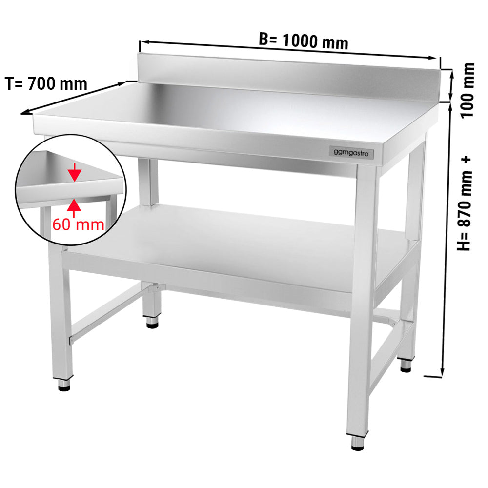 Rustfritt stål arbeidsbord PREMIUM - 1,0 m - med underhylle, oppkant og avstivende