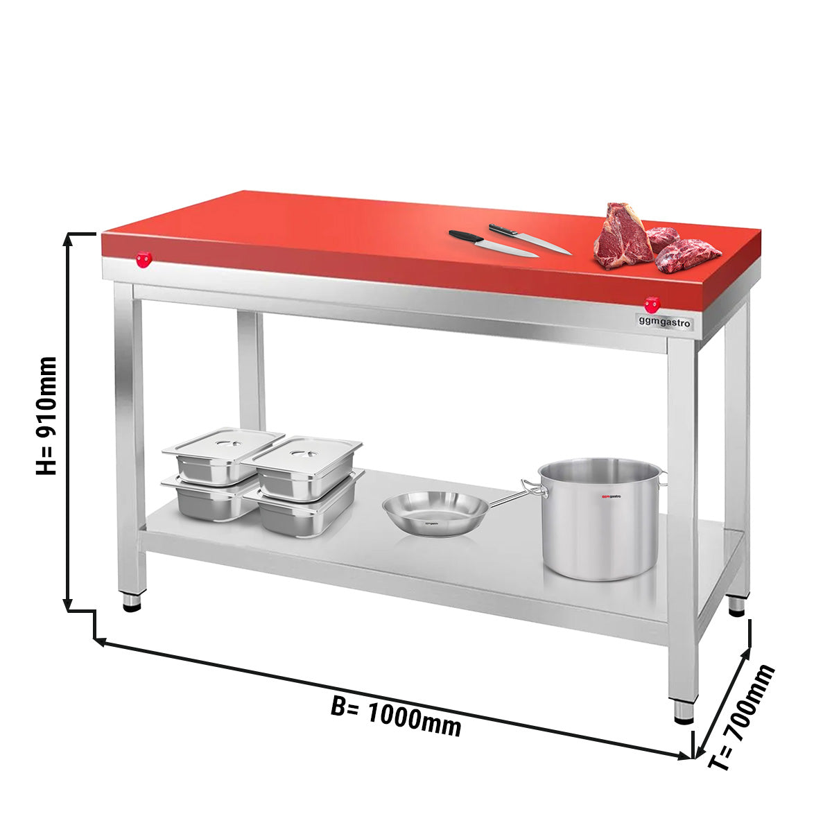 Arbeidsbord i rustfritt stål PREMIUM - 1,0 m - med underhylle - inkl. skjærebrett i rødt