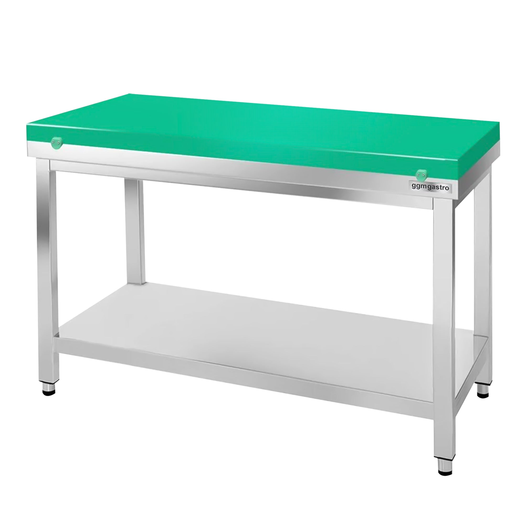 Arbeidsbord i rustfritt stål PREMIUM - 1,0 m - med underhylle - inkl. skjærebrett i grønt