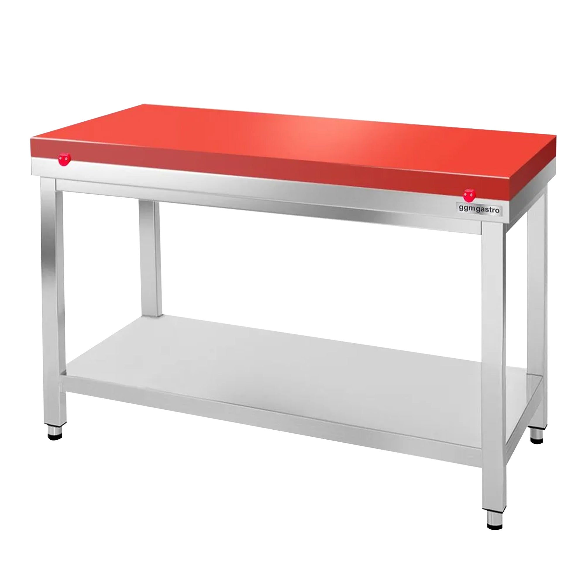 Arbeidsbord i rustfritt stål PREMIUM - 1,2 m - med underhylle - inkl. skjærebrett i rødt