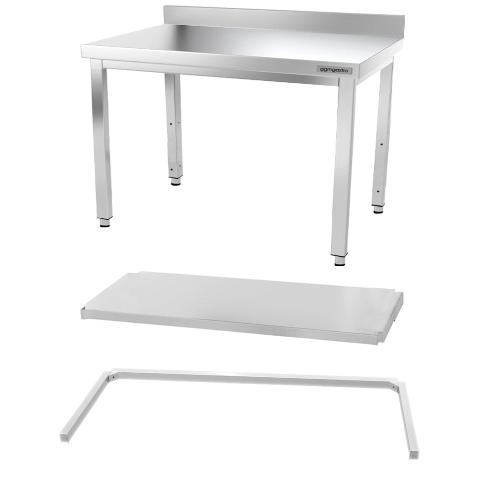 Rustfritt stål arbeidsbord PREMIUM - 1,2 m - med underhylle, oppkant og avstivende