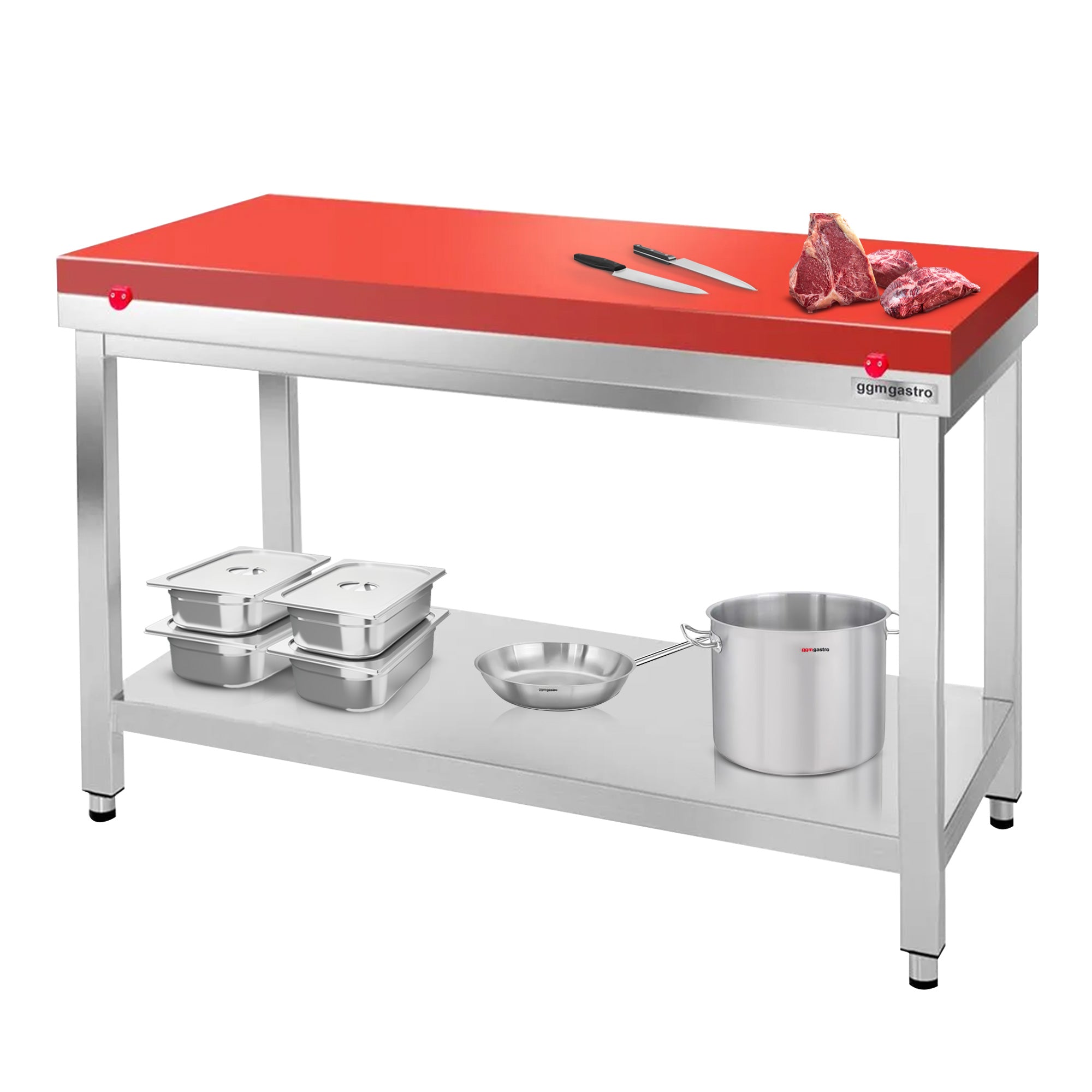 Arbeidsbord i rustfritt stål PREMIUM - 1,4 m - med underhylle - inkl. skjærebrett i rødt