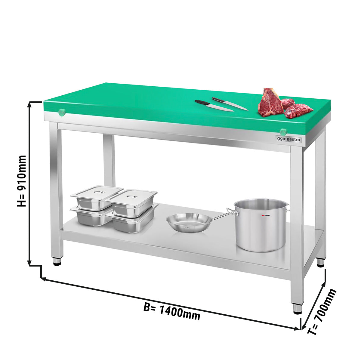 Arbeidsbord i rustfritt stål PREMIUM - 1,4 m - med underhylle - inkl. skjærebrett i grønt