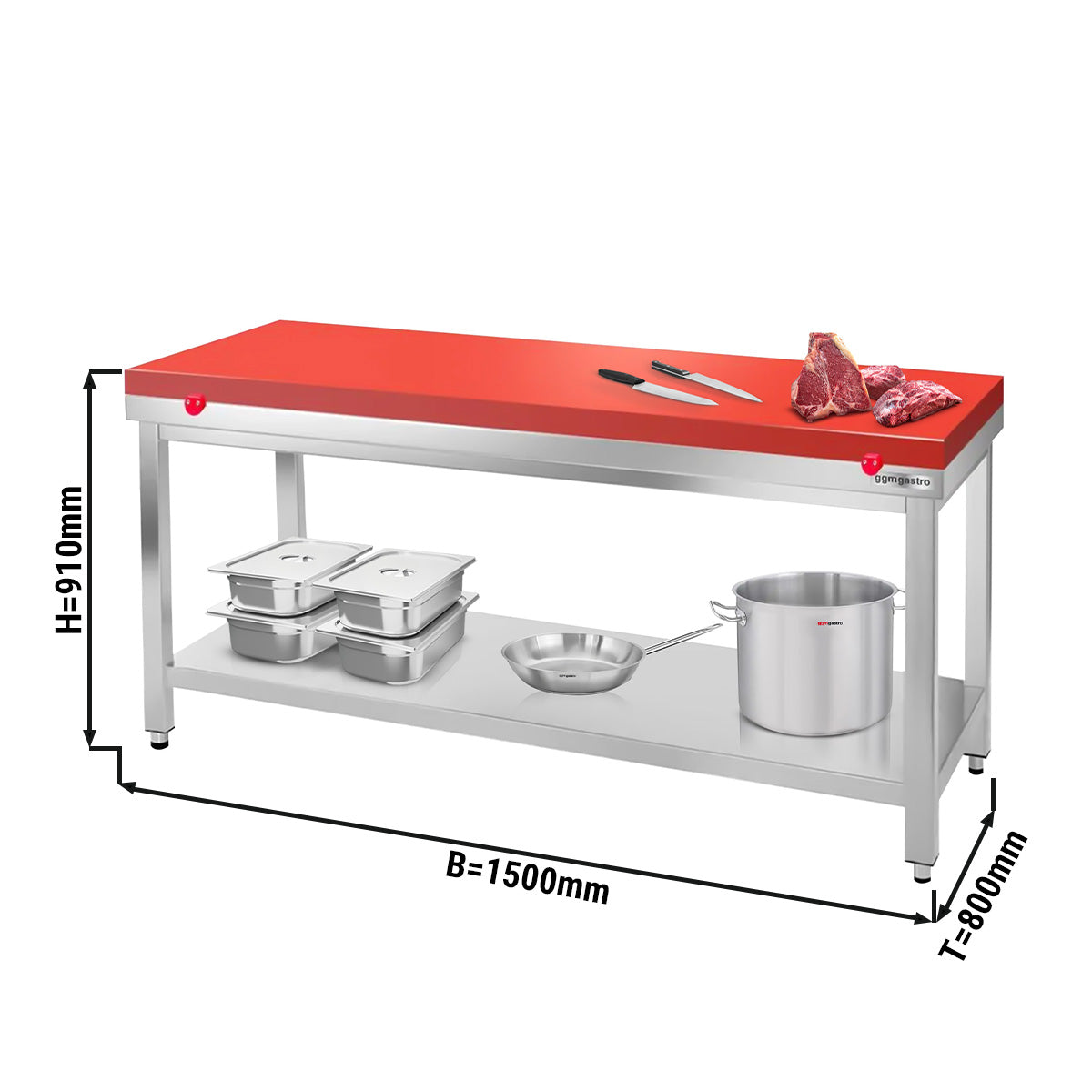 Arbeidsbord i rustfritt stål PREMIUM - 1,5 m - med underhylle - inkl. skjærebrett i rødt