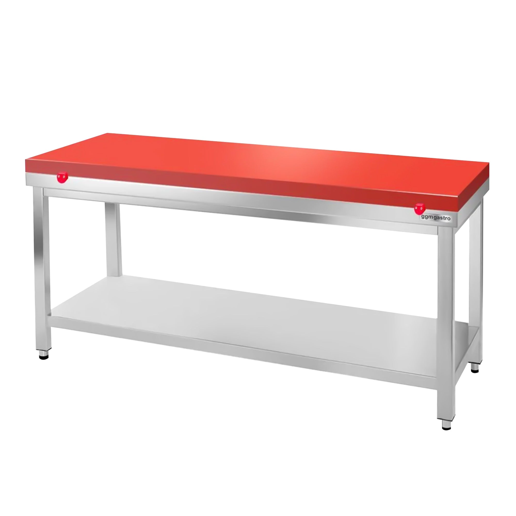 Arbeidsbord i rustfritt stål PREMIUM - 1,6 m - med underhylle - inkl. skjærebrett i rødt