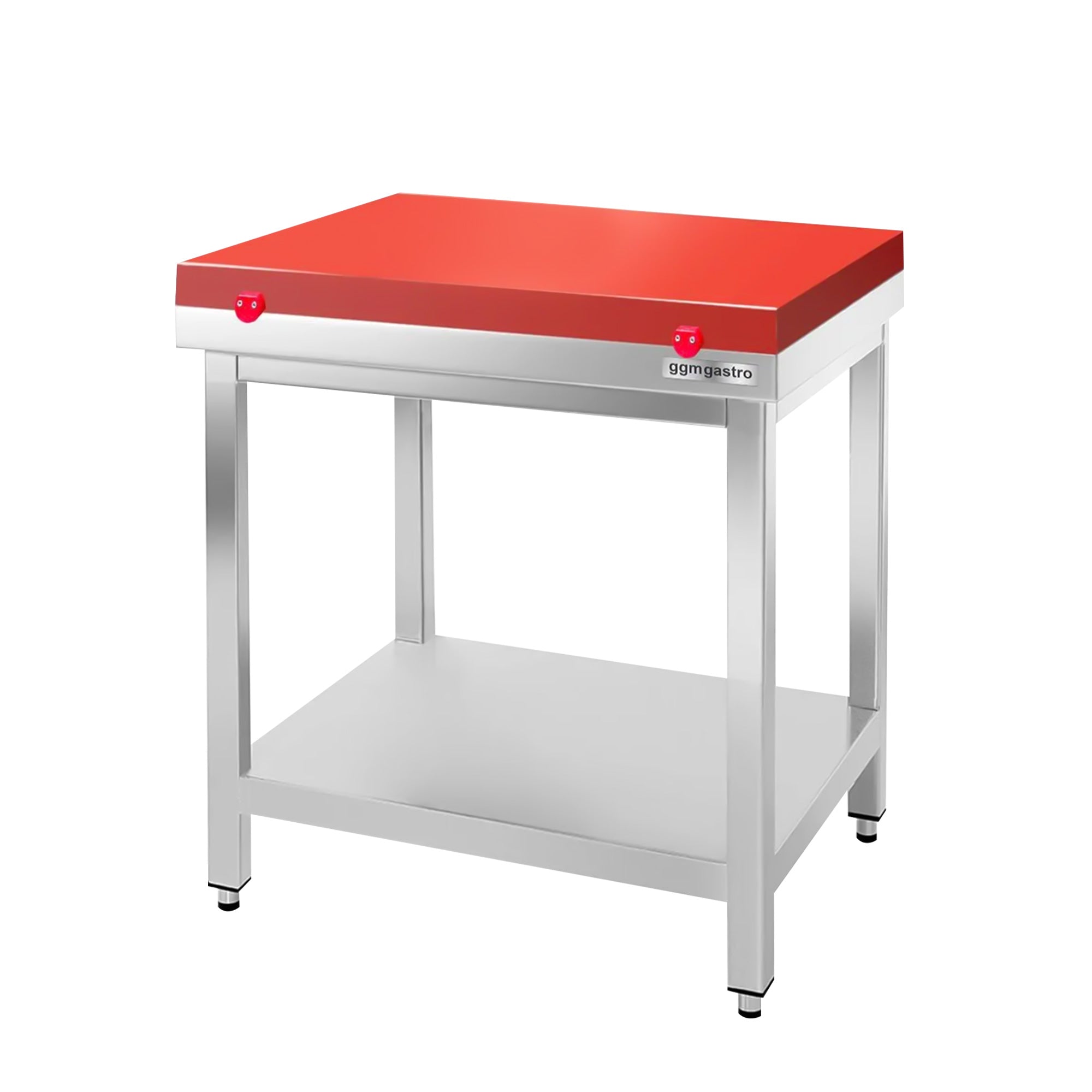 Arbeidsbord i rustfritt stål PREMIUM - 0,6 m - med underhylle - inkl. skjærebrett i rødt