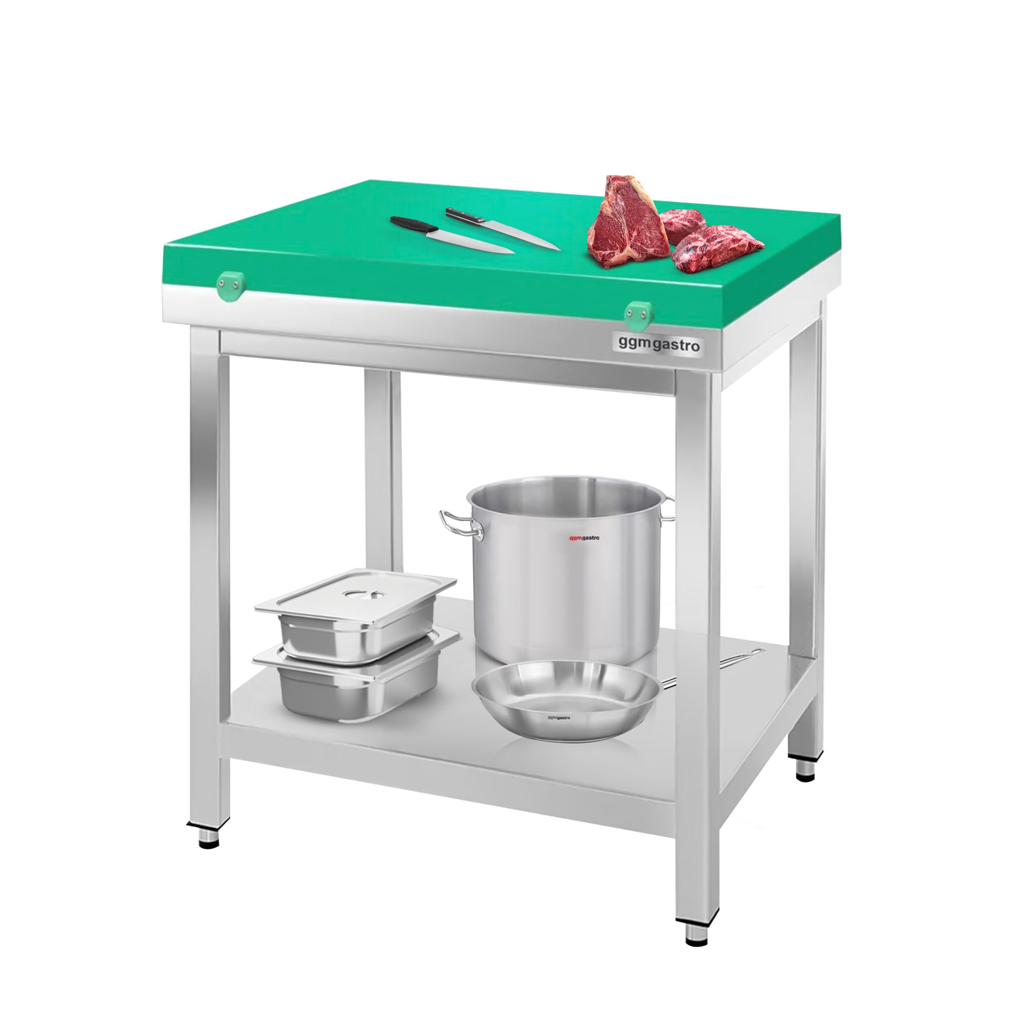 Arbeidsbord i rustfritt stål PREMIUM - 0,6 m - med underhylle - inkl. skjærebrett i grønt