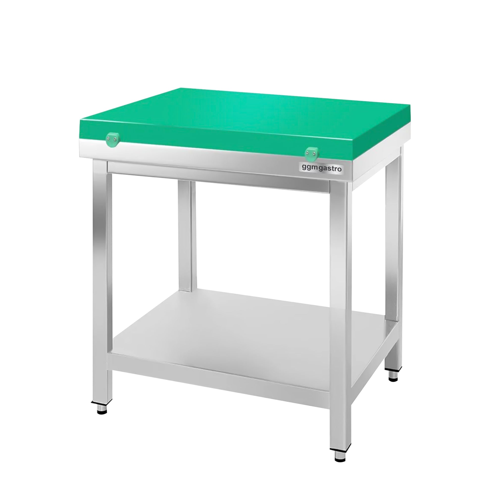 Arbeidsbord i rustfritt stål PREMIUM - 0,8 m - med underhylle - inkl. skjærebrett i grønt