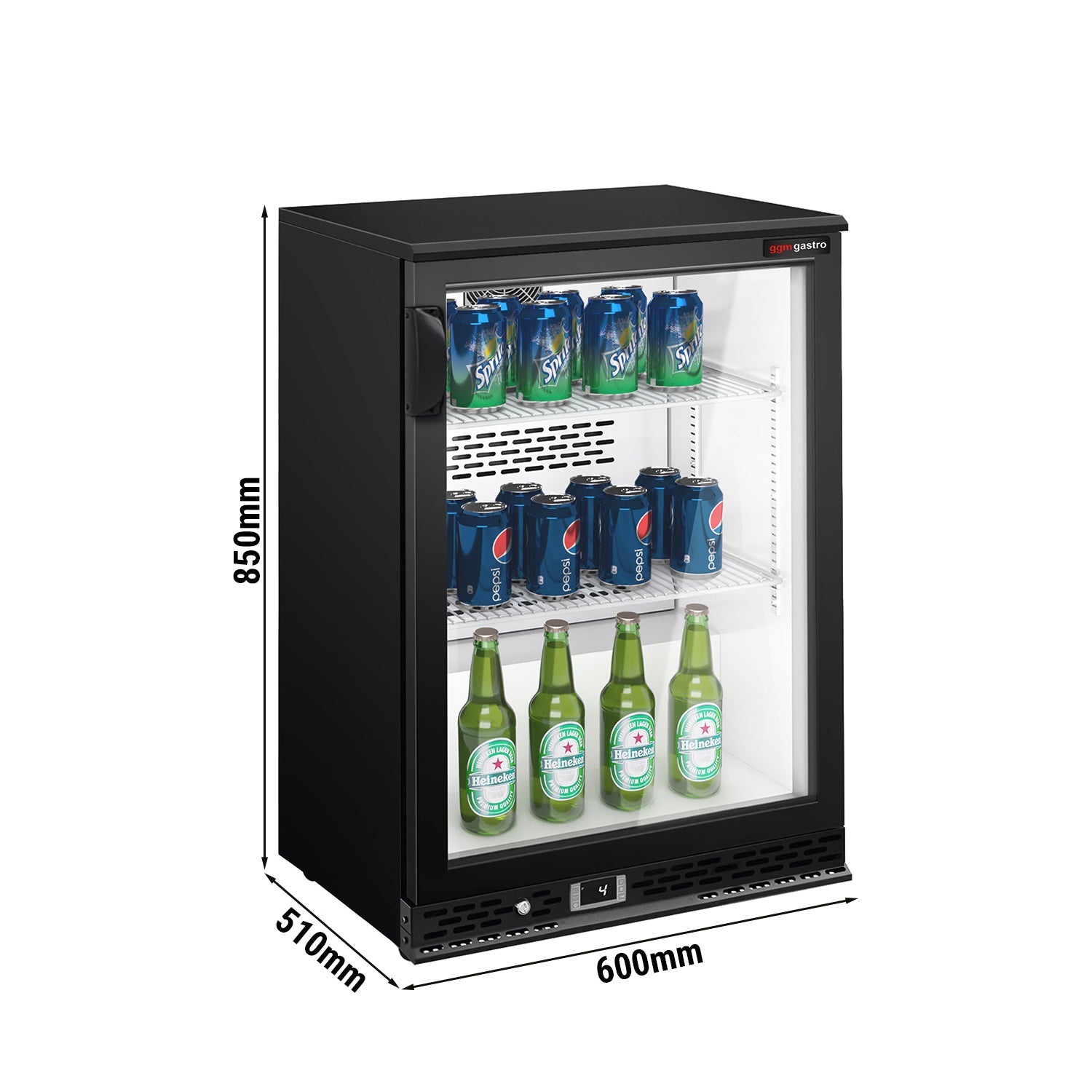 Bar kjøledisk - 0,6 x 0,51 m - 125 Liter - med 1 Glassdør - Svart