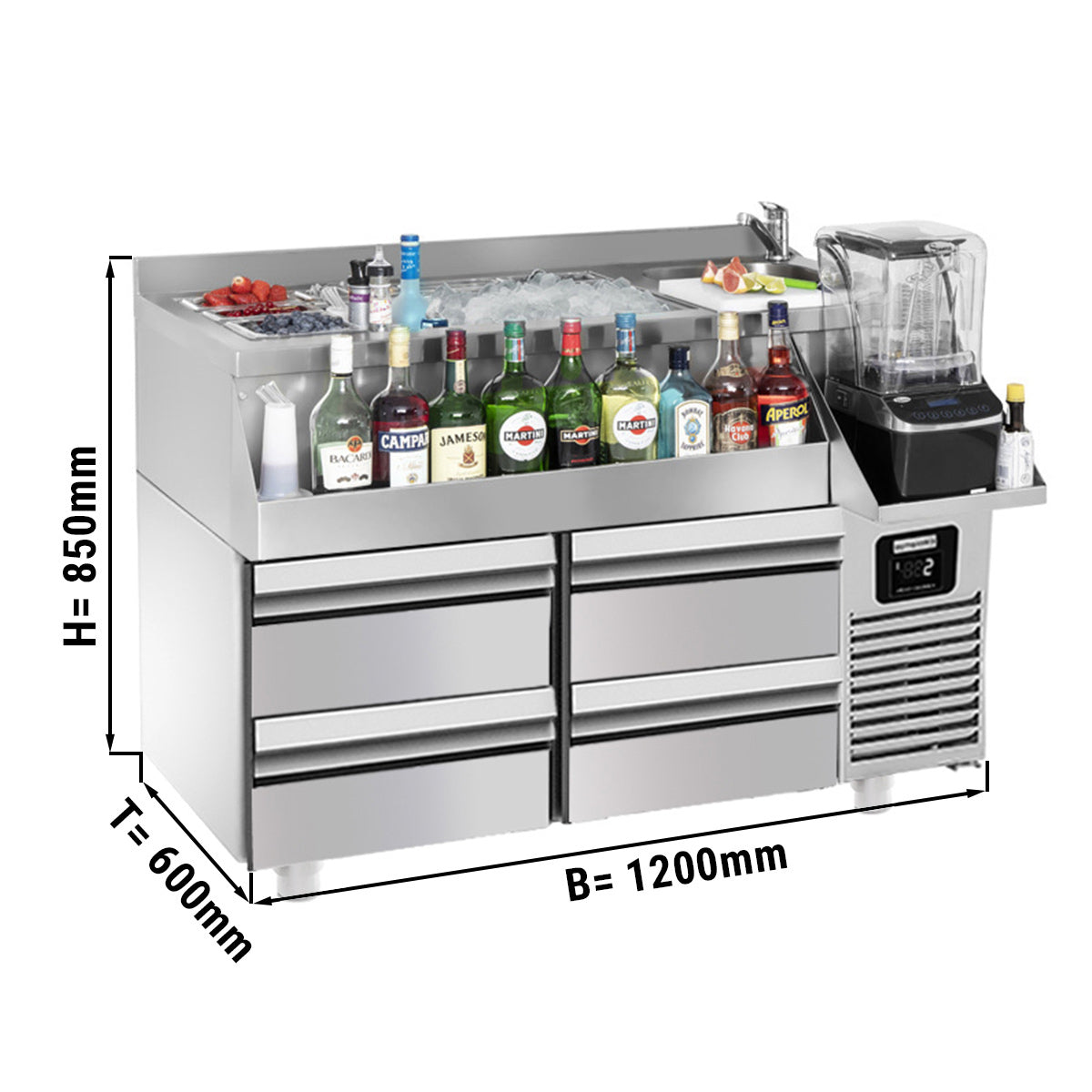 Bar kjølebord - 1,2 x 0,6 m - 150 Liter - med 2 Skuffer 1/2 &amp; Hyller