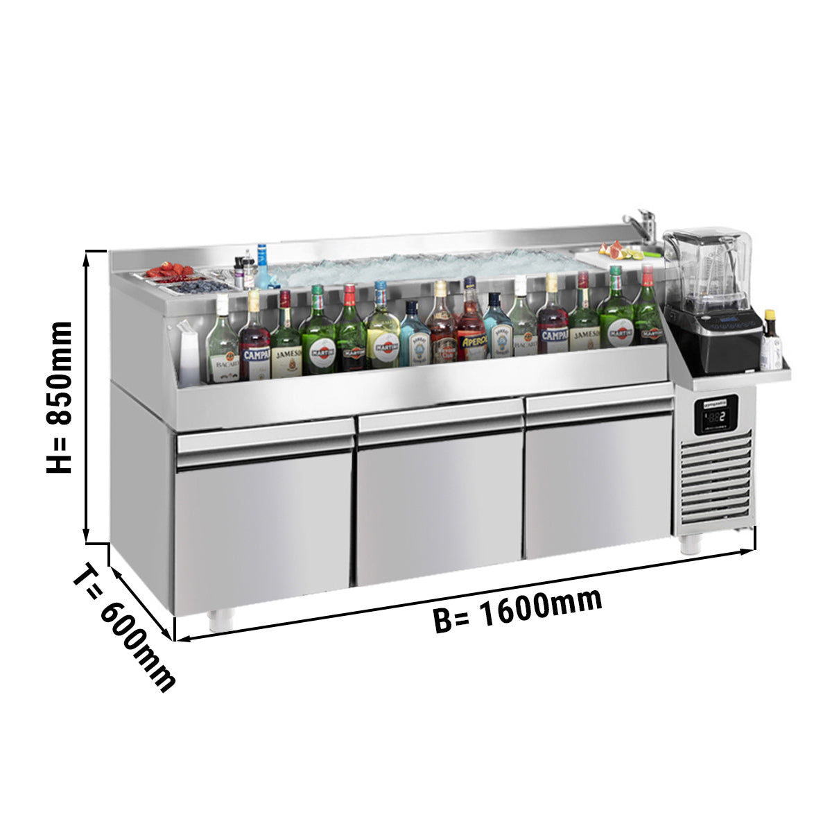 Bar kjølebord - 1,6 x 0,6 m - 235 Liter - med 3 Skuffer 1/1 &amp; Hyller