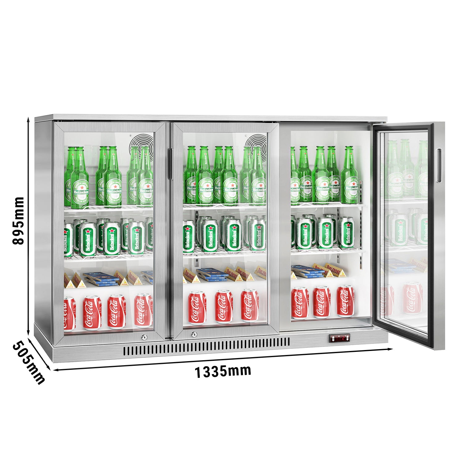Bar kjølebord - 1,3 m - 320 liter - 3 glassdører og 2 Hyller - Rustfritt stål