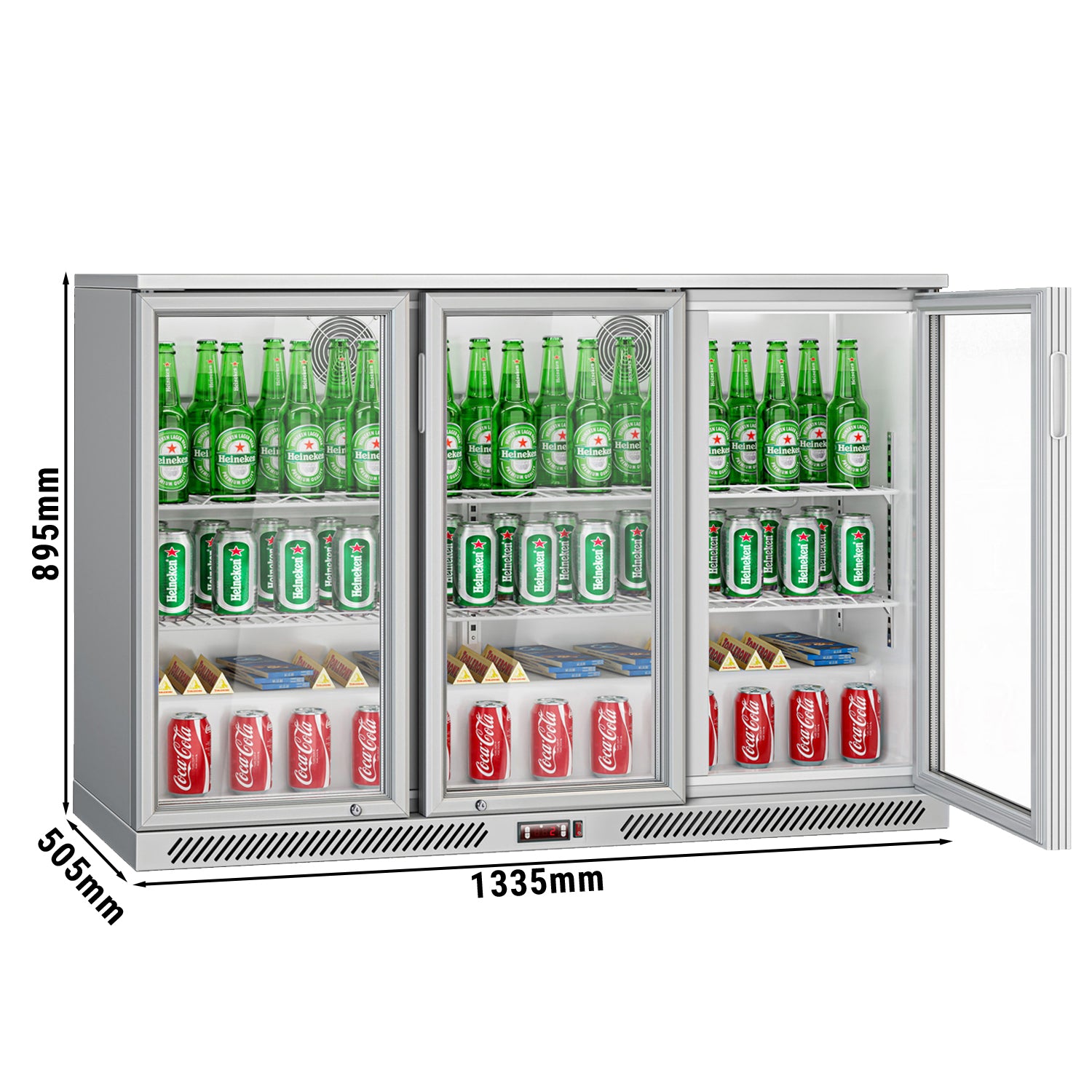 Bar kjølebord - 1,33 m - 320 liter - 3 glassdører og 2 Hyller - Grå