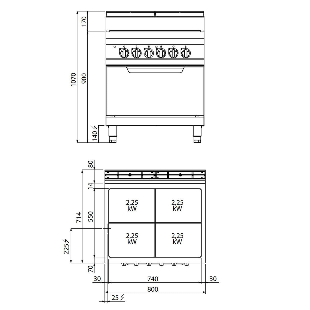 Avspenning komfyr (9 kW) + elektrisk statisk ovn (7,5 kW)