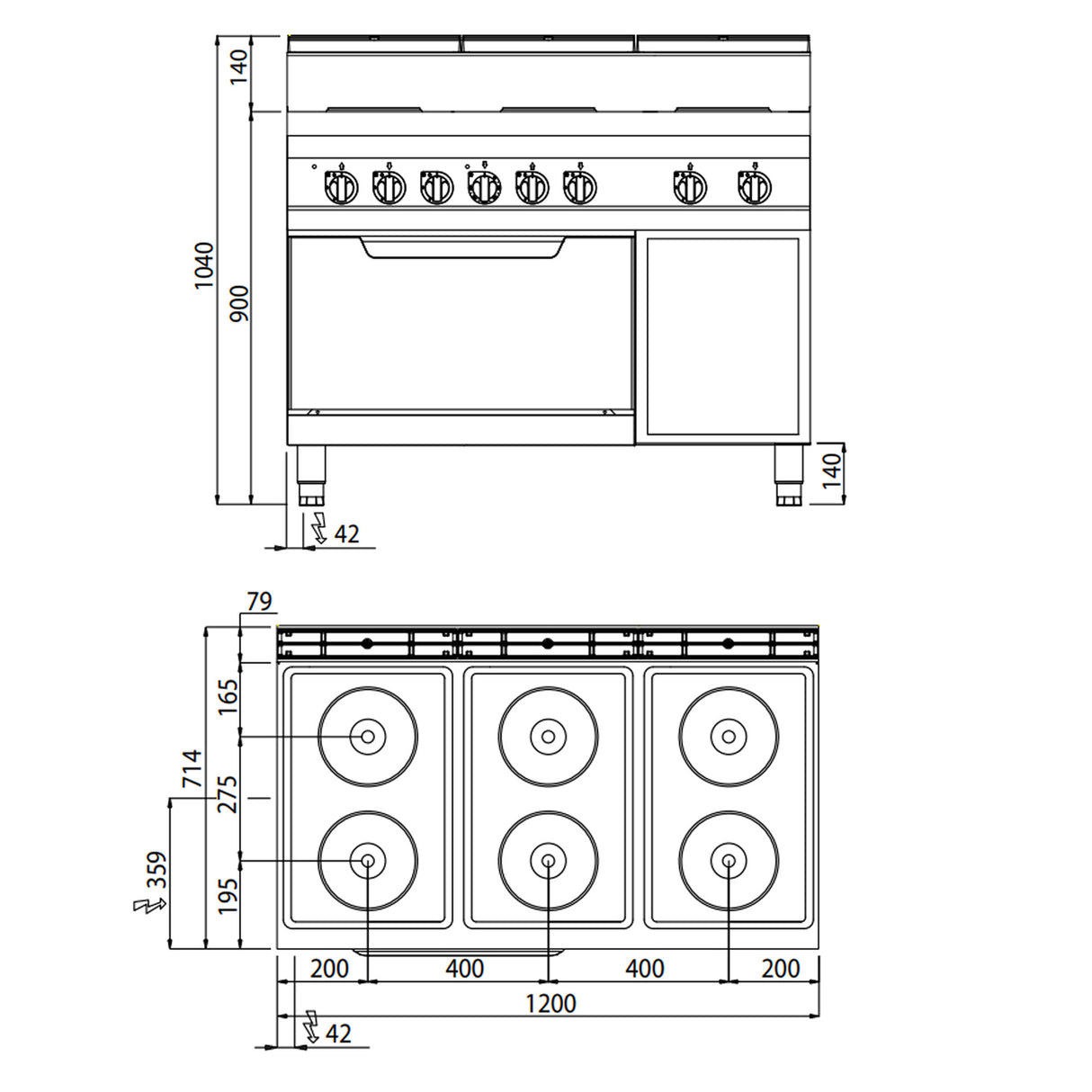 Elektrisk kokketopp 6 x plater (15,6 kW) + statisk elektrisk ovn(7,5 kW)