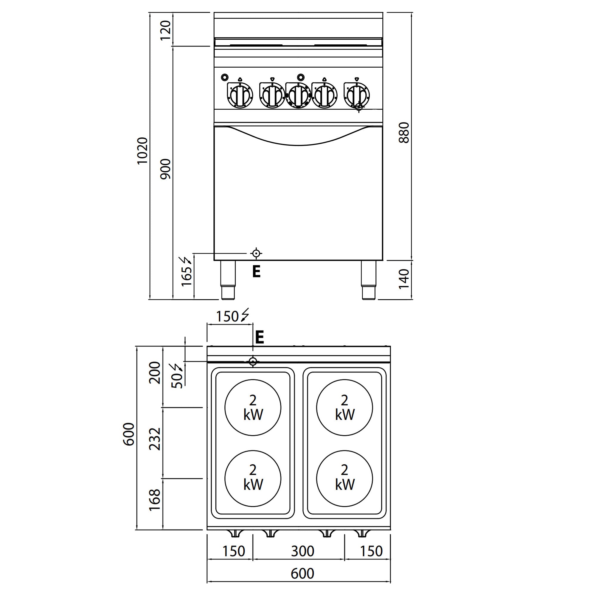 Elektrisk kokketopp 4 runde plater (8 kW) + elektrisk ovn (3 kW)