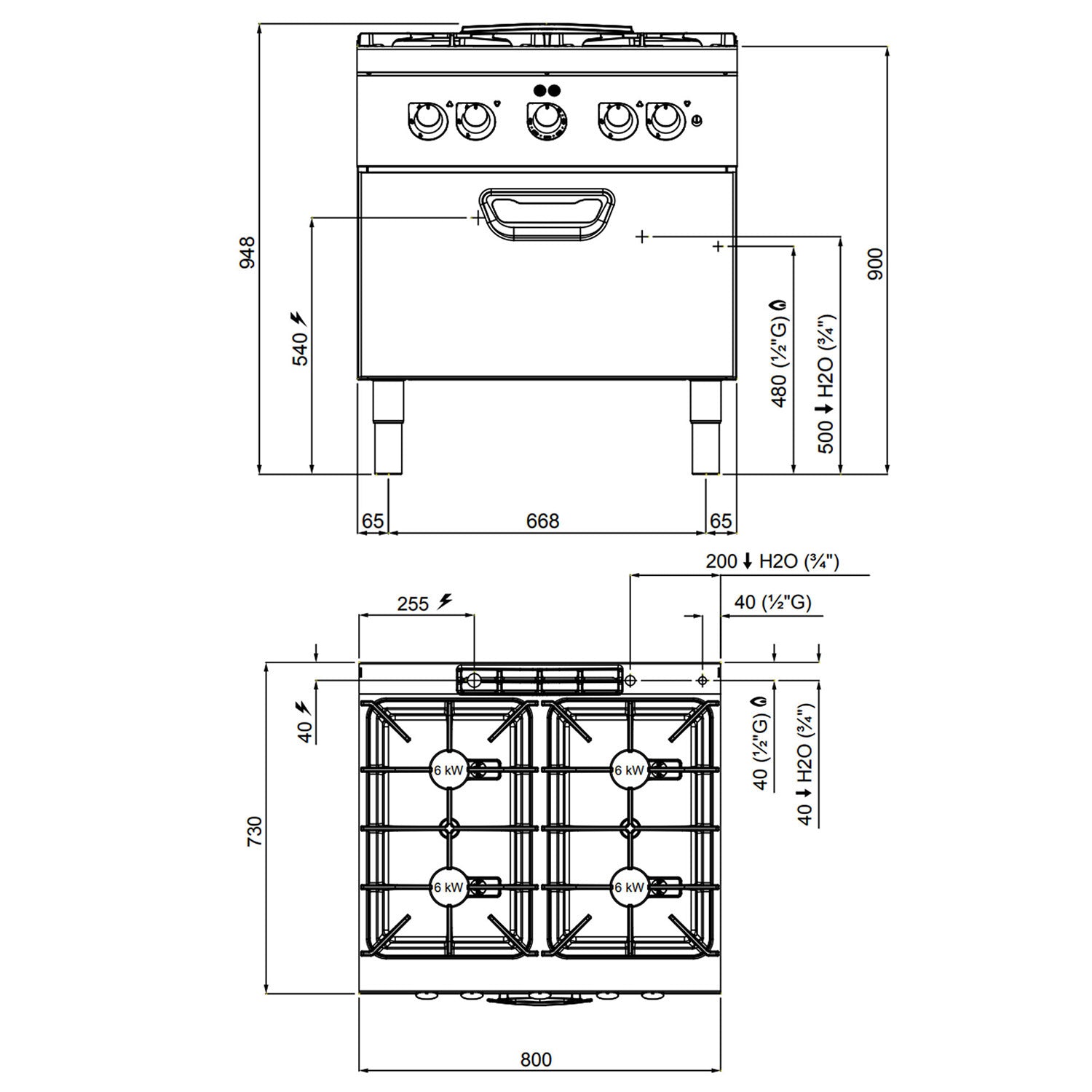 Gass koketopp 4 Brenner (24 kW) &amp; Elektrisk ovn (7,8 kW))