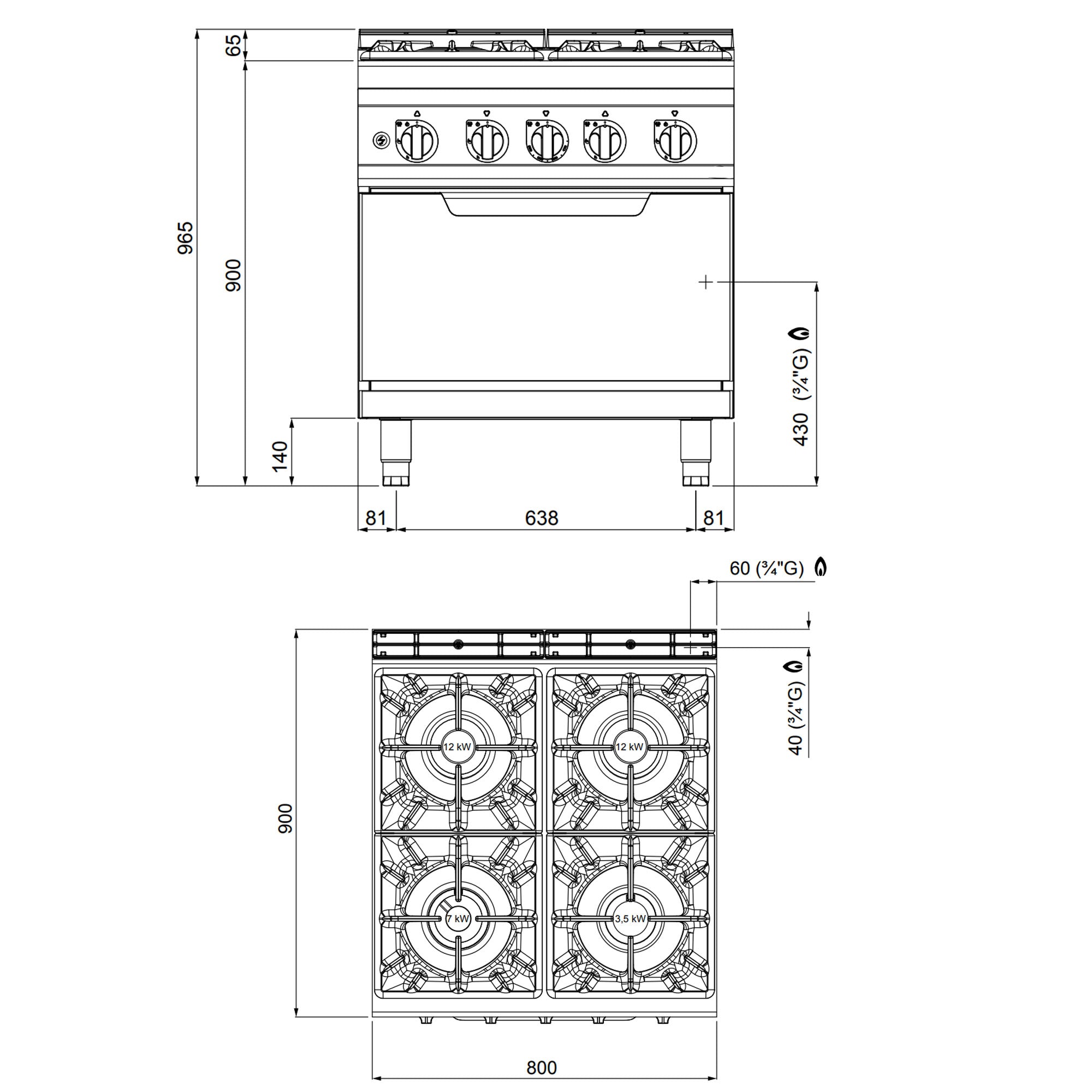 Gass koketopp 4 Brenner (34,5 kW) + Gassovn (7,8 kW)