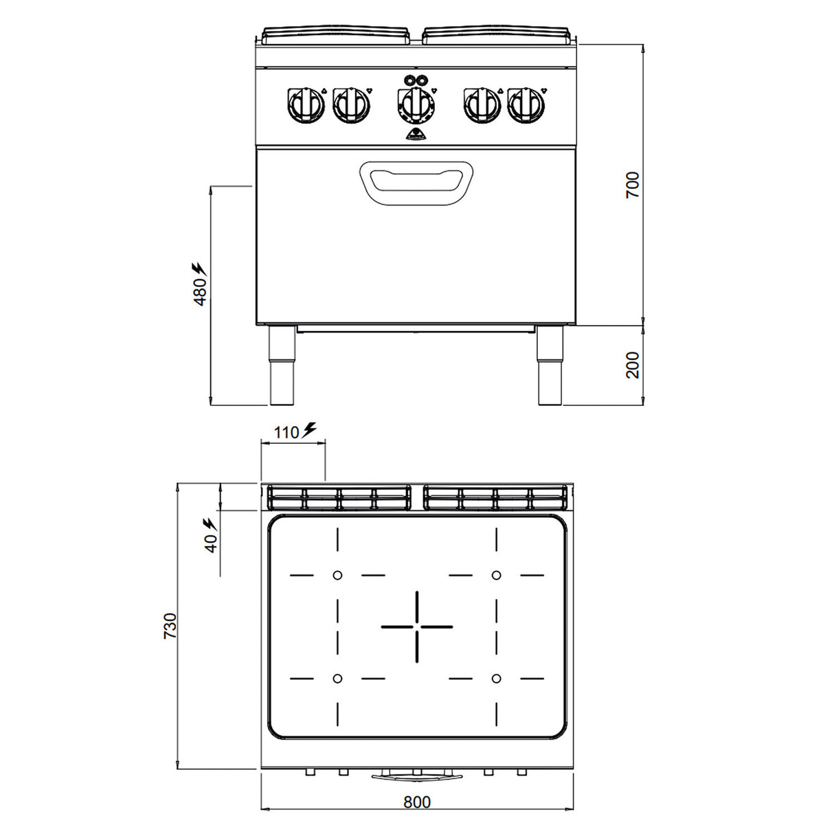 Infrarød komfyr - med 4 Kokeplater (12,8 kW) &amp; Elektrisk ovn (4,7 kW)