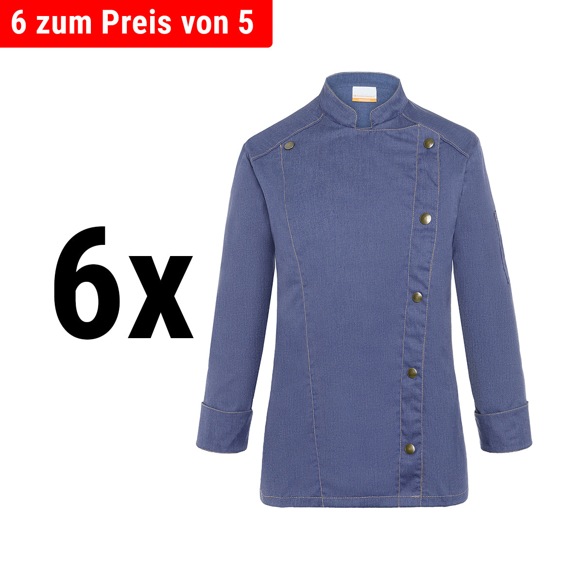 (6 Stykker) Karlowsky Damer Kokkejakke Jeans-Style - Vintage Blue - Størrelse: 36