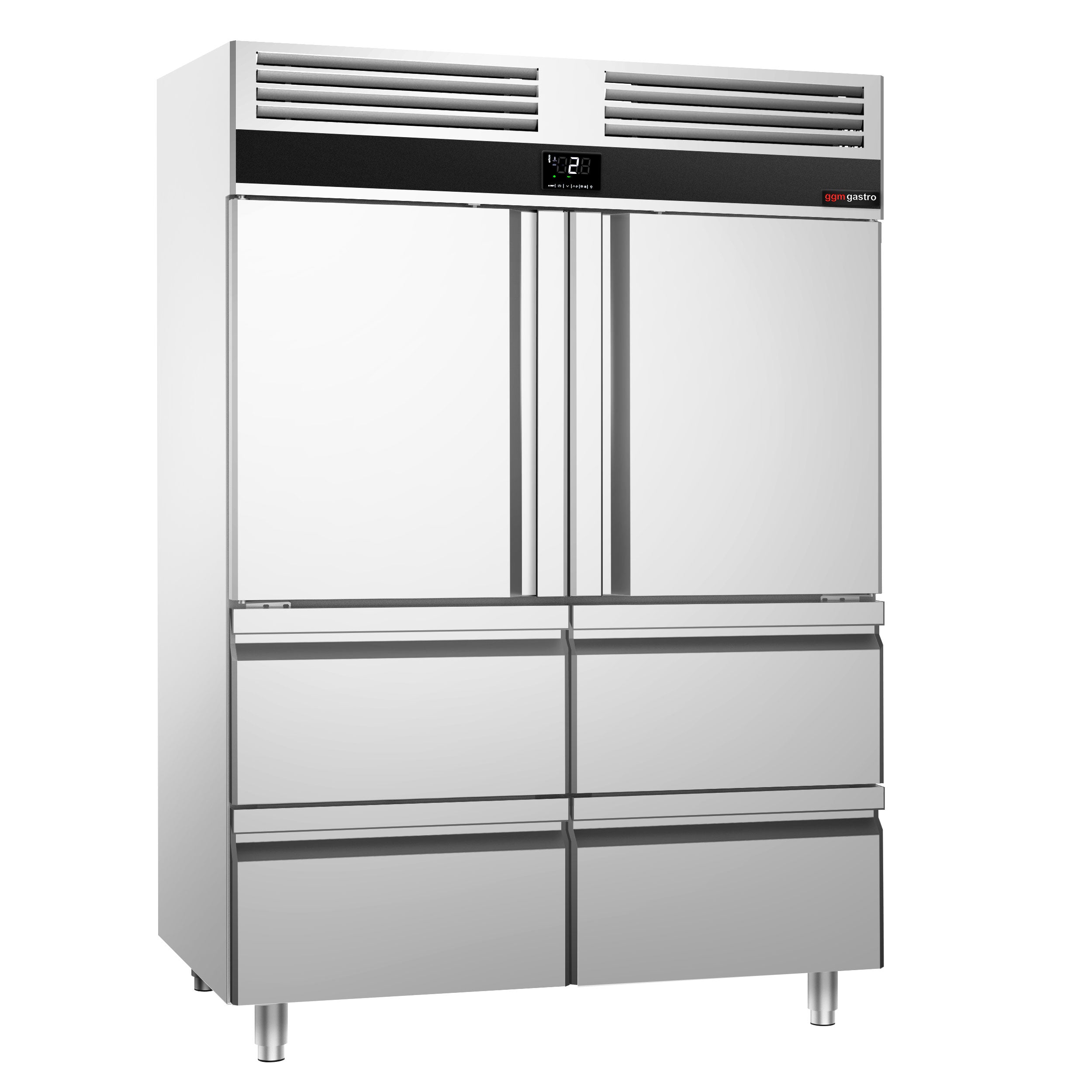 Kjøleskap - 1,4 x 0,81 m - med 2 halvdører i rustfritt stål og 4 skuffer 1/2