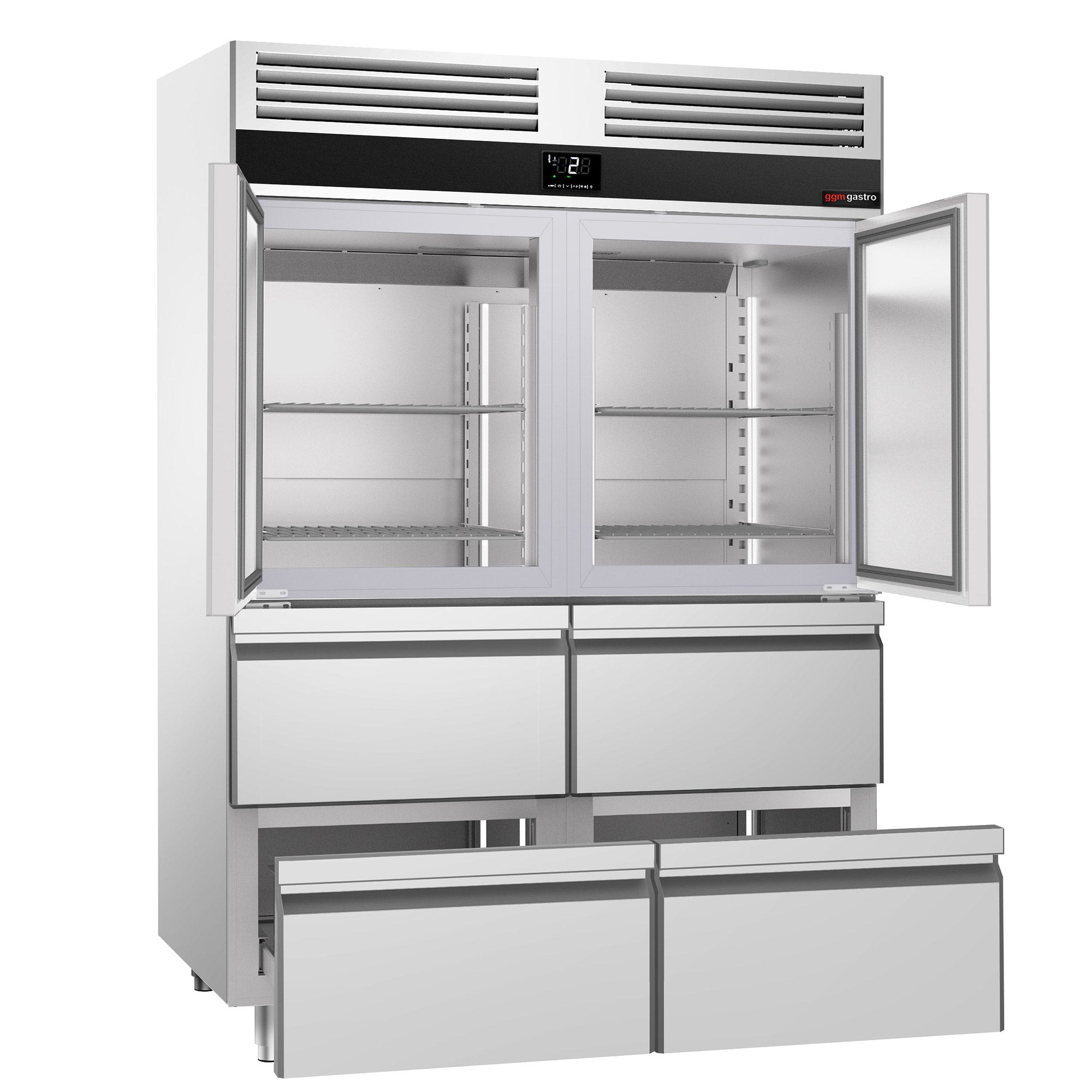 Kjøleskap - 1,4 x 0,81 m - med 2 halvdører i rustfritt stål og 4 skuffer 1/2