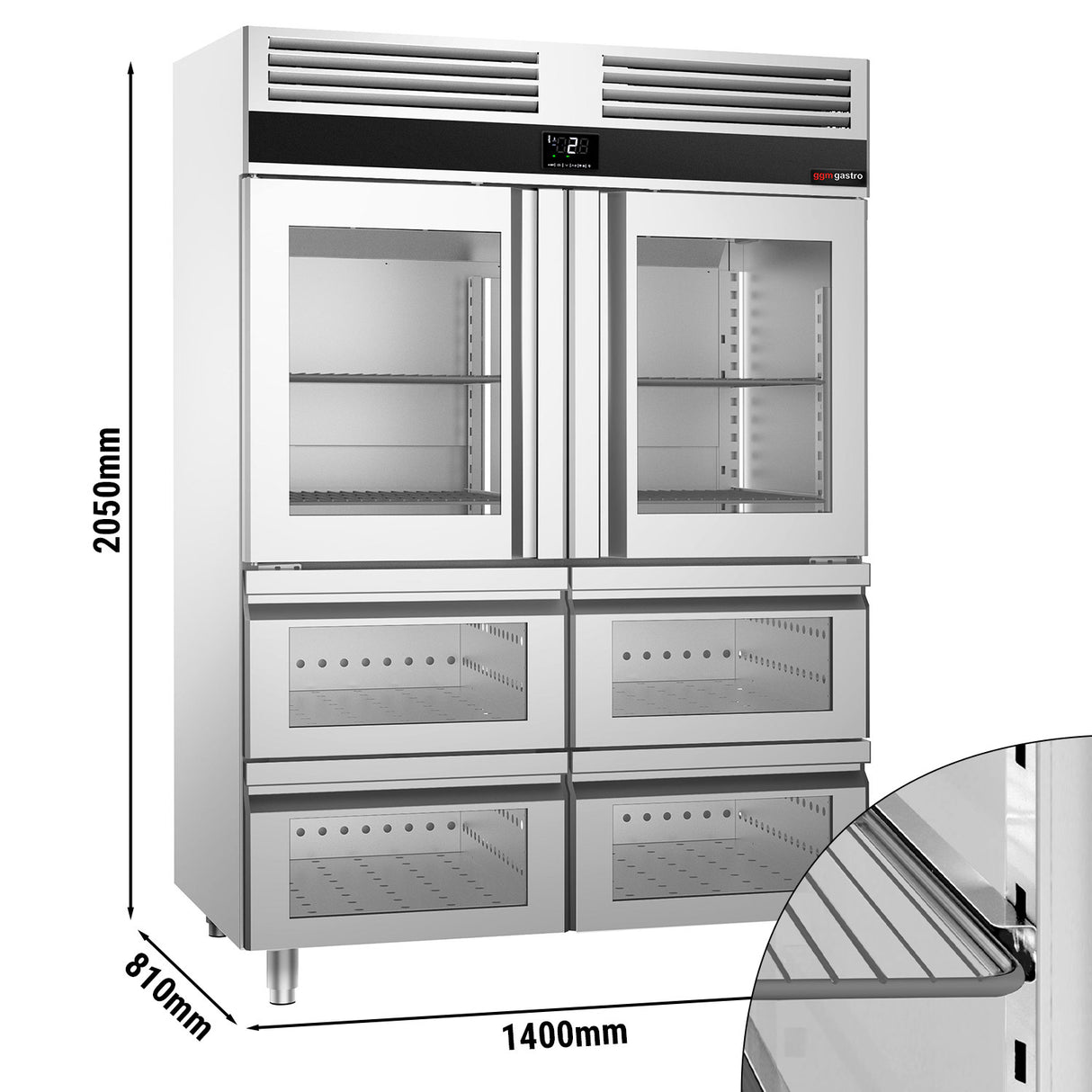 Kjøleskap - 1,4 x 0,81 m - med 2 halvdører i glass og 4 glassskuffer 1/2