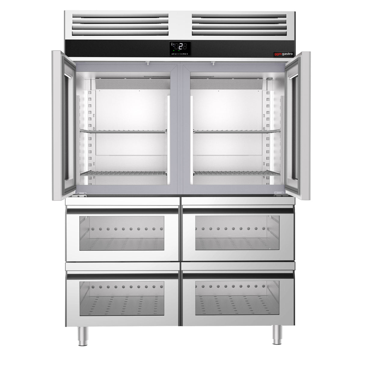 Kjøleskap - 1,4 x 0,81 m - med 2 halvdører i glass og 4 glassskuffer 1/2