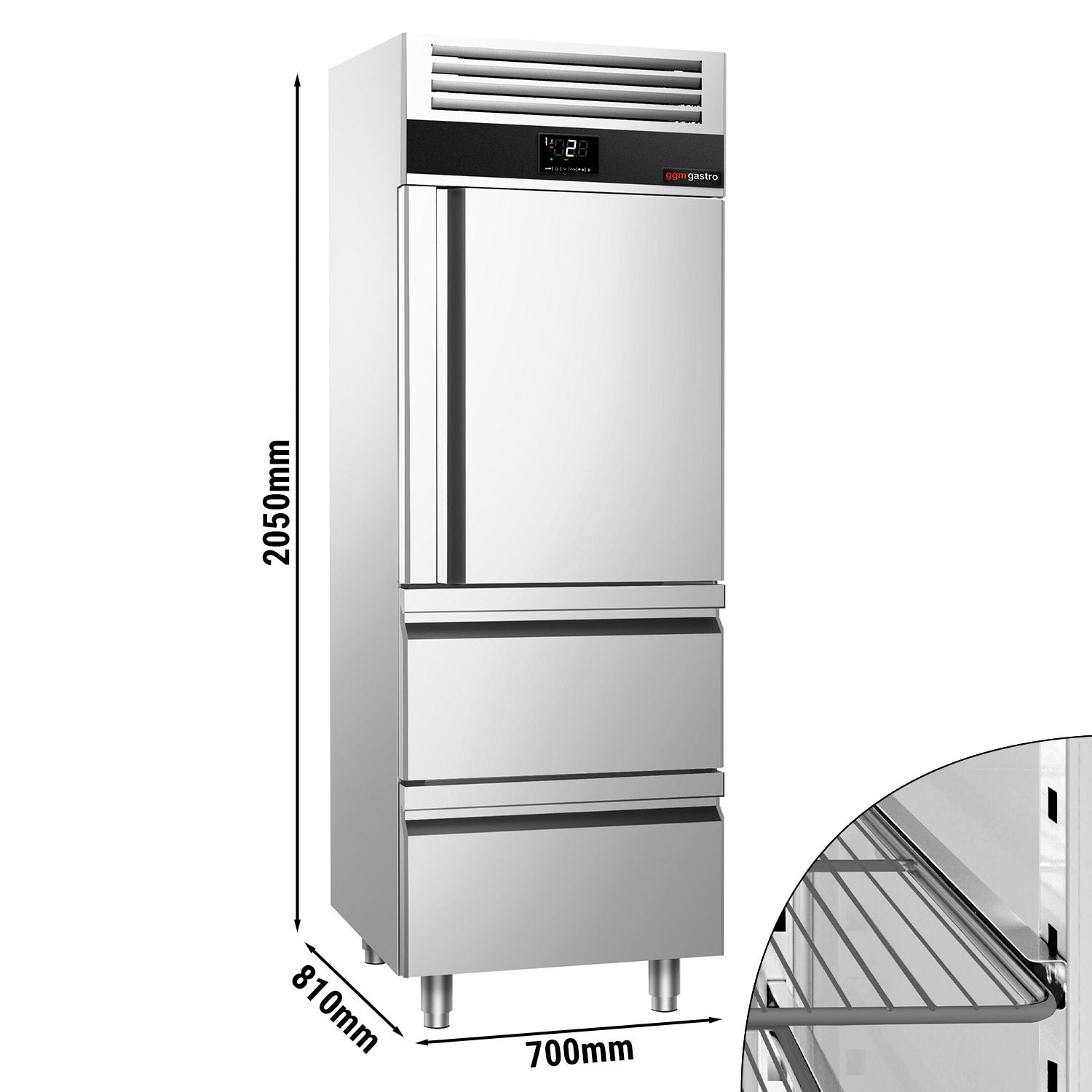 Kjøleskap - 0,7 x 0,81 m - med 1 halvdør i rustfritt stål og 2 skuffer 1/2