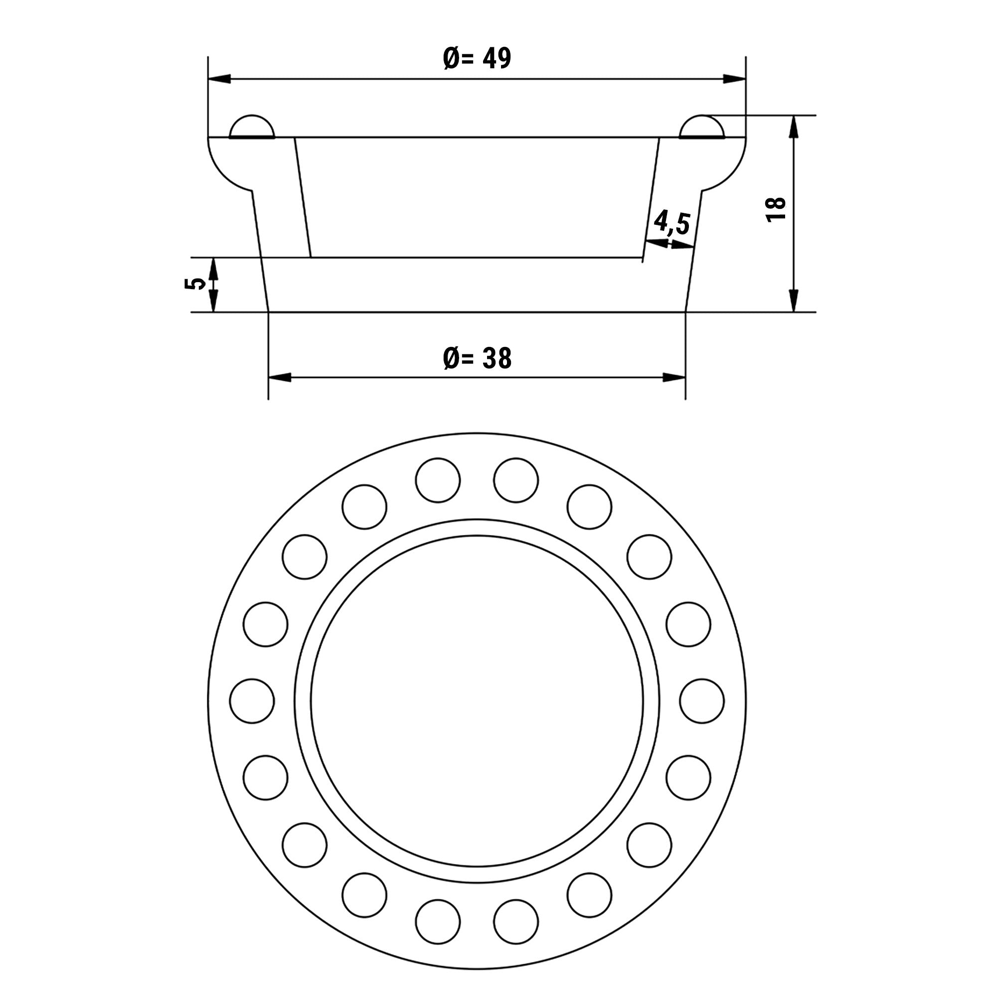 Tallerken for Tartelettmaskin - Form: Rund - Topp Ø: 49 mm, Bunn Ø: 38 mm / Høyde: 18 mm