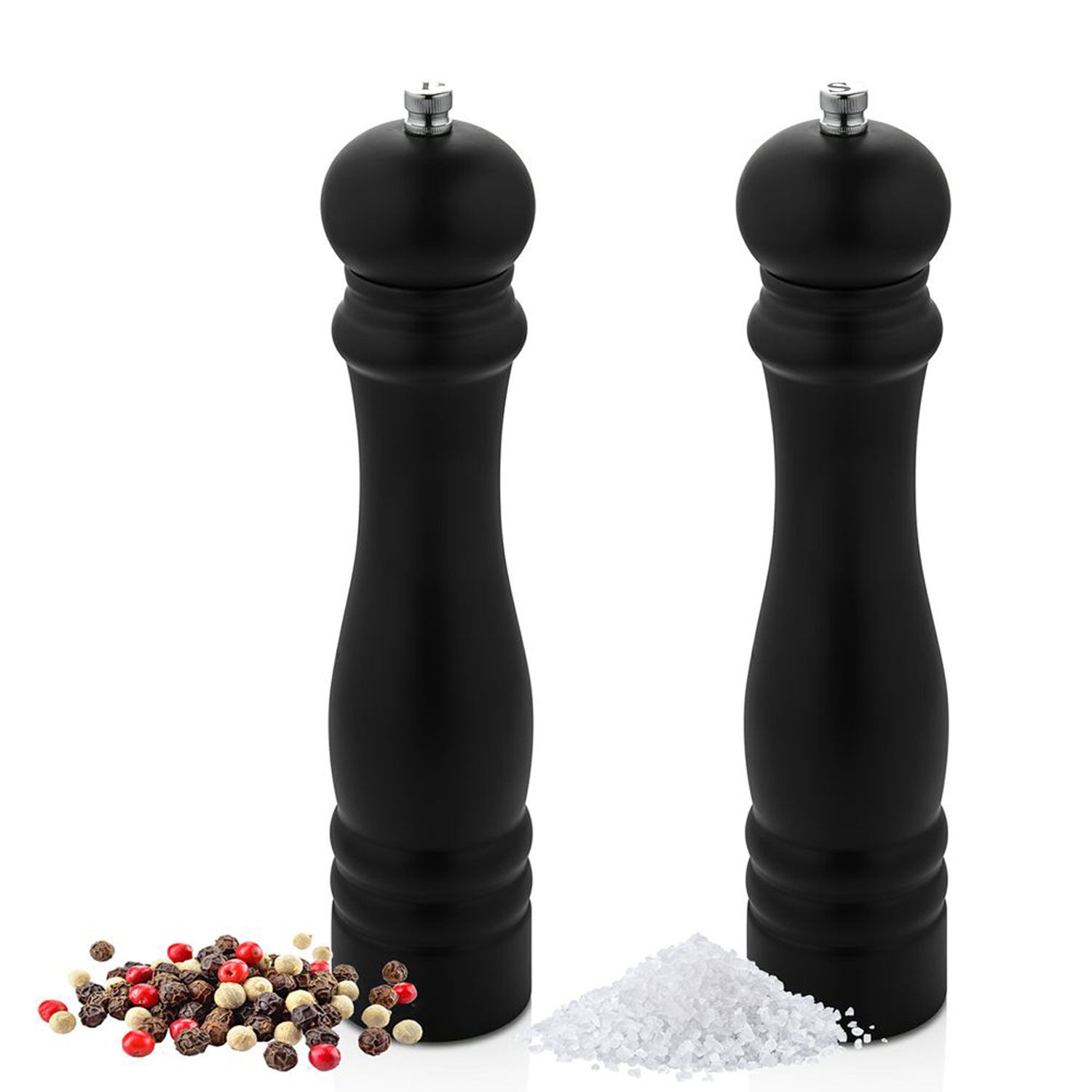 (2 Stykker) Salt/ - og Pepperkverner ut av Tre - Høyde: 25 cm