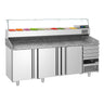 Pizzabenk PREMIUM - 2150x800 mm - granittplate - med 3 dører og 3 skuffer - med garnityrkjøler - glassoverbygg - 10x GN 1/3