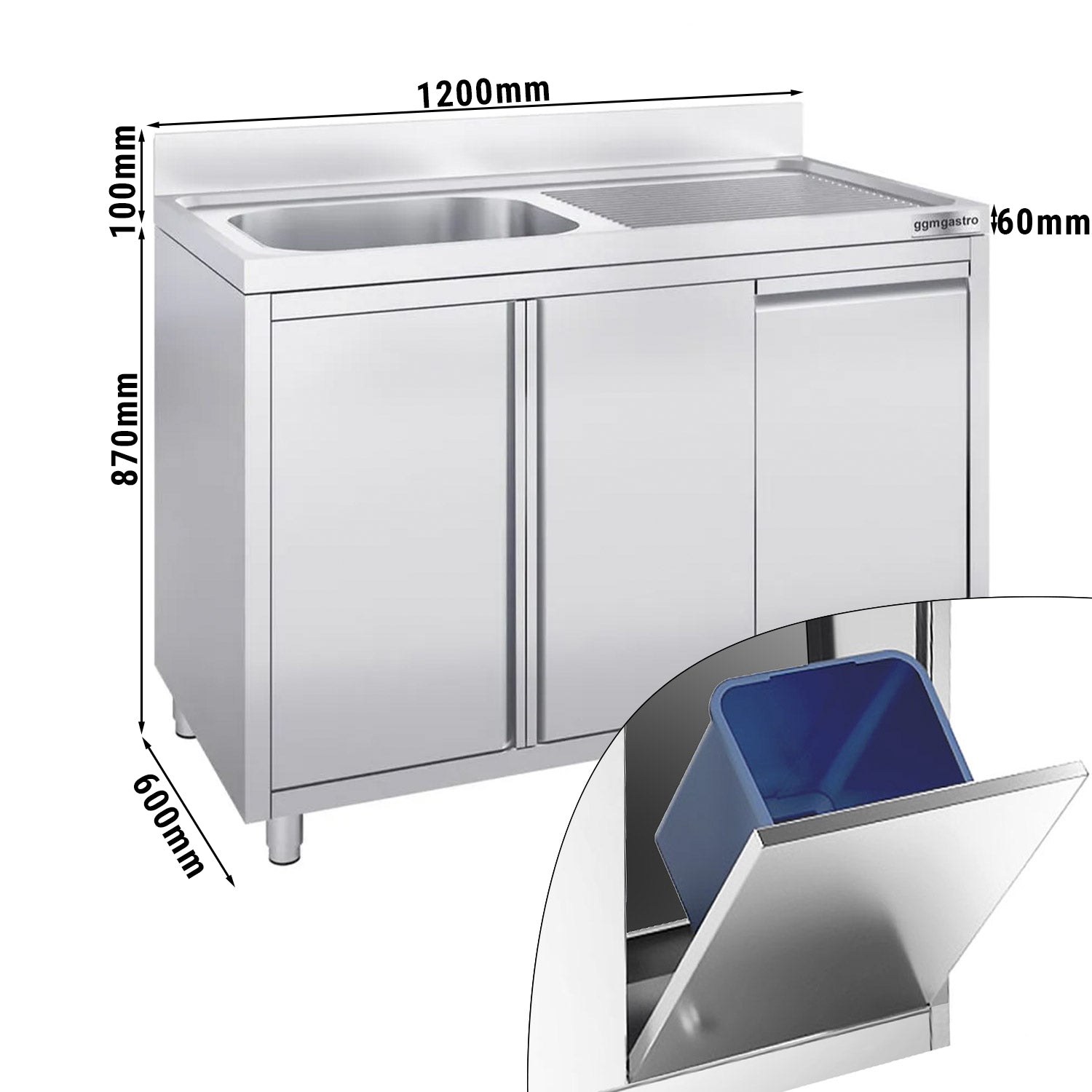 Vaskeskap med søppelbøtte - 1,2m - 1 kum til venstre - L 50 x B 40 cm